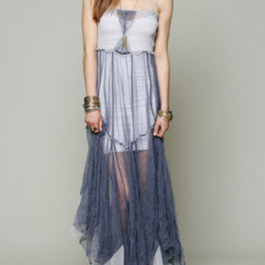 Free People Raw Tulle Maxi Slip dress blue grey